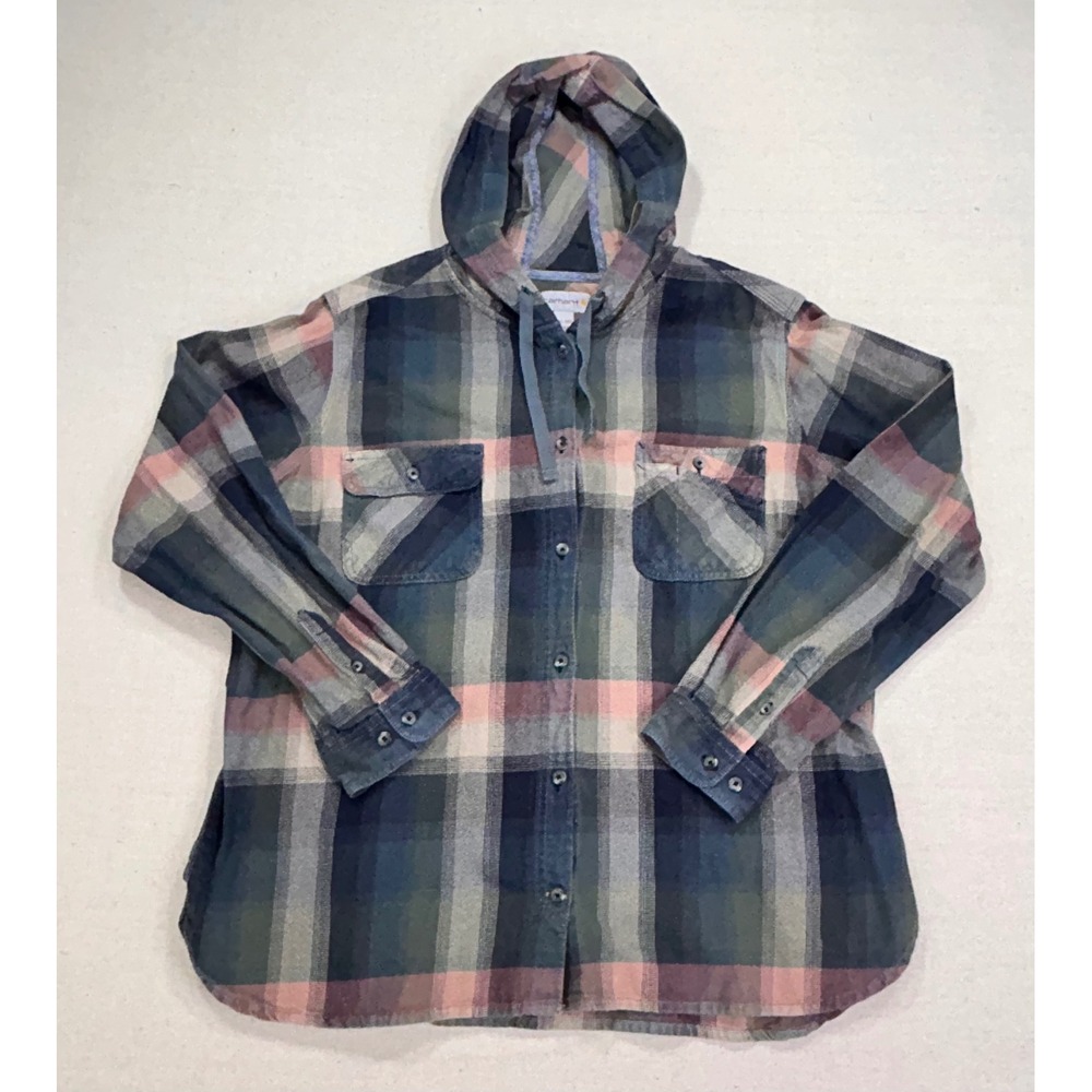 Carhartt‎ Womens XXL Hubbard Plaid Flannel Hooded Shirt Button Lon Sleeve Hoodie